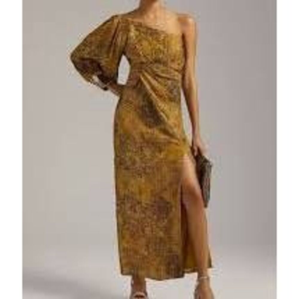 Anthropologie Nirmooha One Shoulder Metallic Maxi Gold Beaded Cuff Dress M